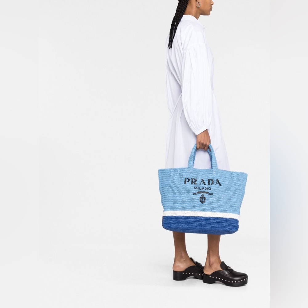 Prada Large Raffia Tote Beach Bag Shopping Light Blue - Picture 2 of 12